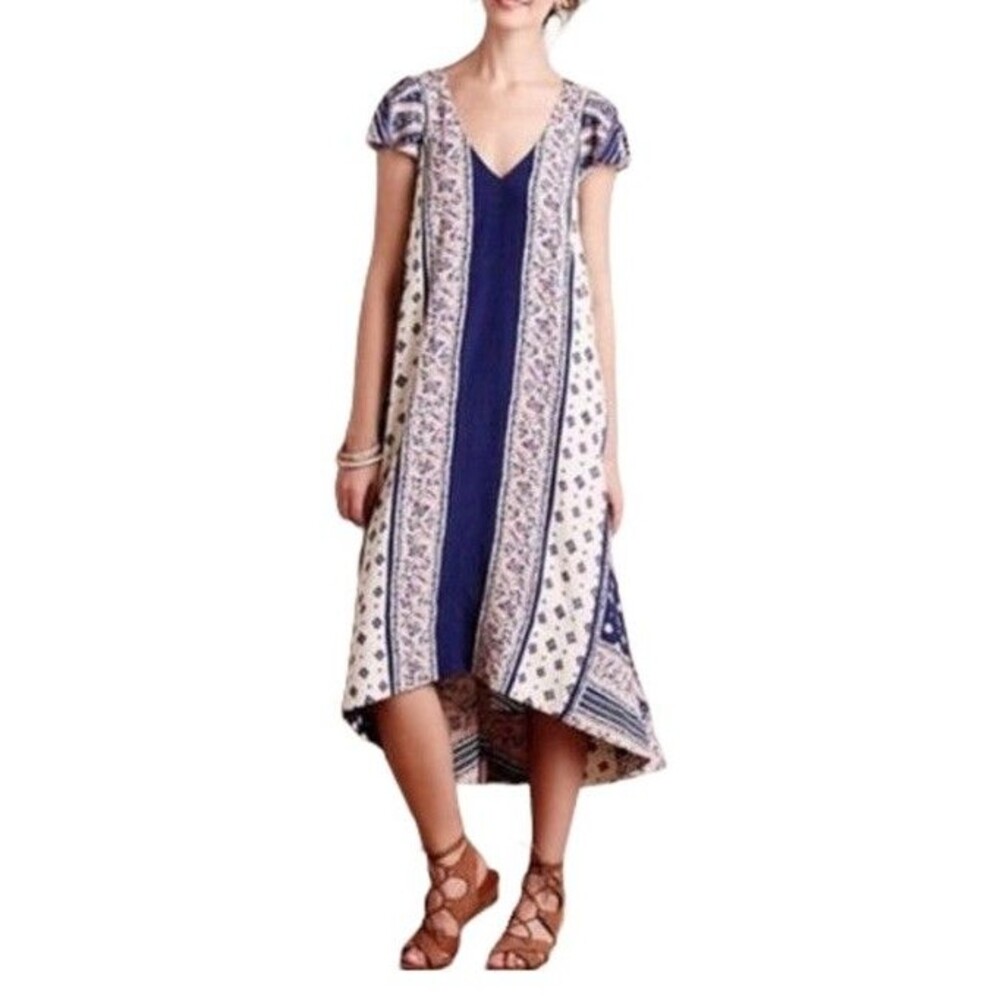 Anthropologie MAEVE Summertide Swing Dress Navy Blue Pink Boho Asymmetric Hem XS